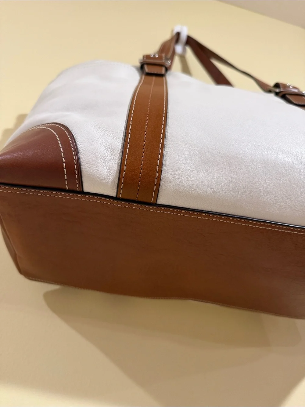 Coach White Leather Tote with Brown Trim and Straps Moms,work, Business Handbag